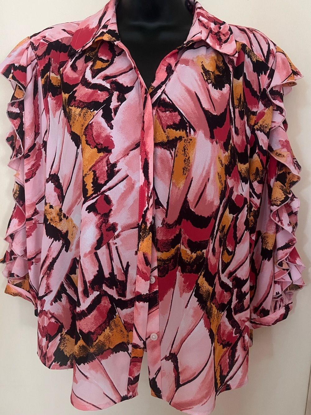 Investments Pink Abstract Ruffle-Sleeve Button-Front Blouse
